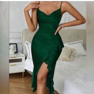 Emerald Green Slip Dress with Ruffle Detail